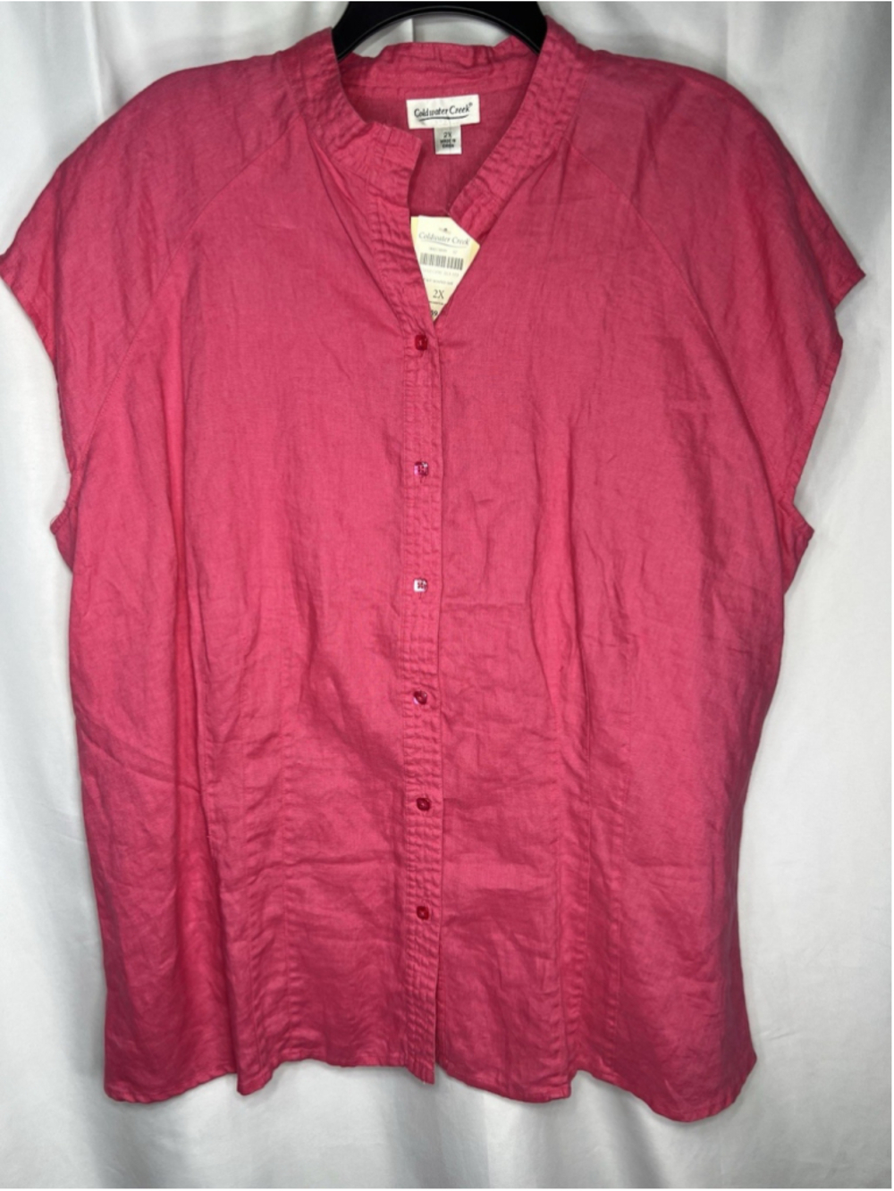 Coldwater Creek 100% Linen Shirt 2X Button Front Short Sleeve Pink Coastal